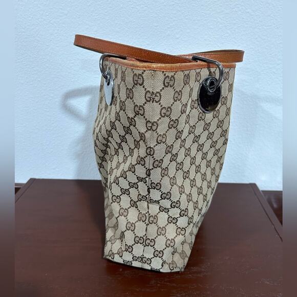 Gucci Vintage Tote Classic Beige GG Logo Canvas Orange Leather Trim Medium Size - Picture 4 of 15
